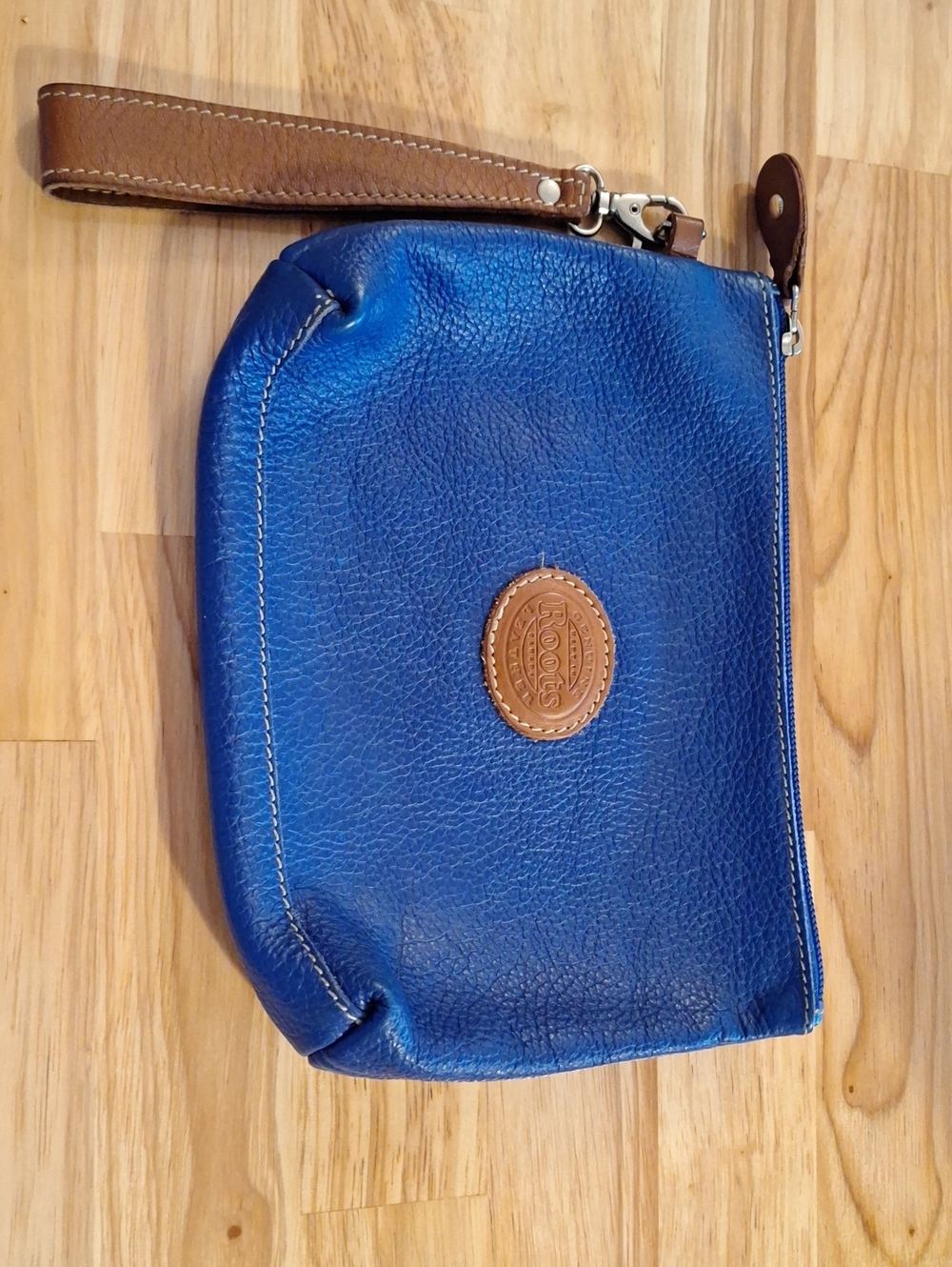 Roots Royal Blue Leather Wristlet with Tan Strap